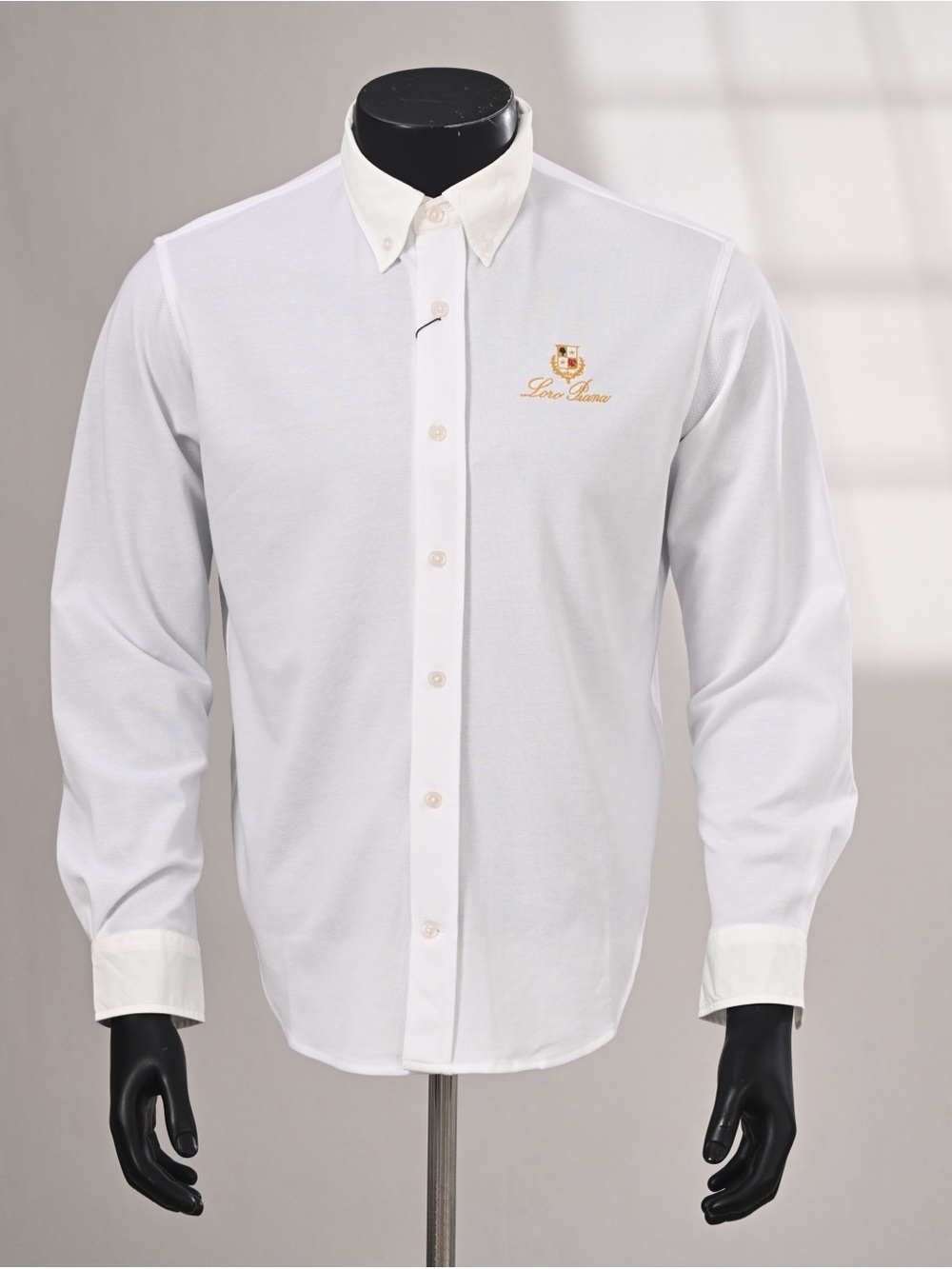 Loro Piana White Long-Sleeve Button-Down Shirt with Gold Emblem